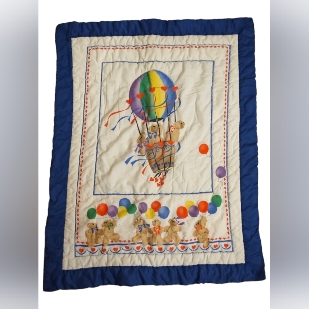 Vintage 80s Clouds Hot Air Balloon Teddy Bears Baby Quilted Blanket Handmade